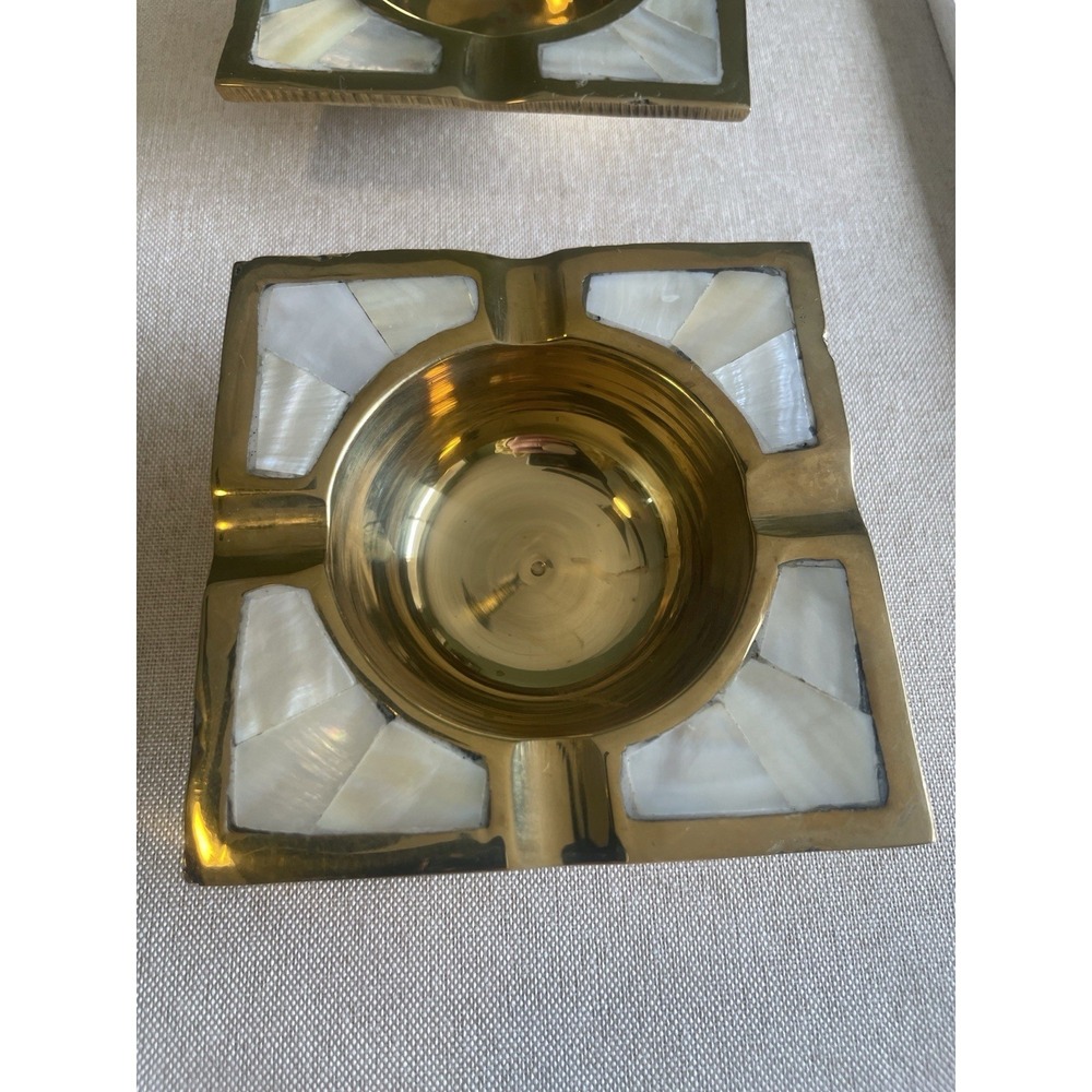 Vintage Brass Ashtray Mother of Pearl Inlay Square Mid Century Catchall‎ Trinket